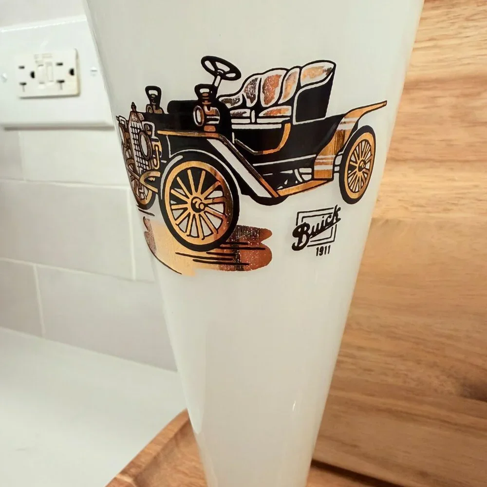 Set of 4 White Painted Pilsner‎ Car Glasses Buick Oldsmobile Cadillac Rambler